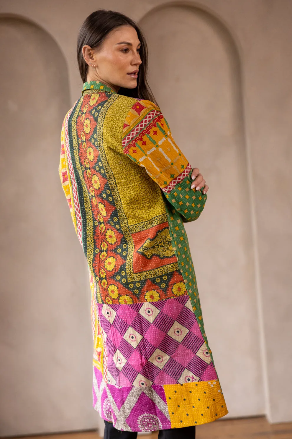 HIRA COAT - Vintage Kantha Coat - Green & Yellow - M