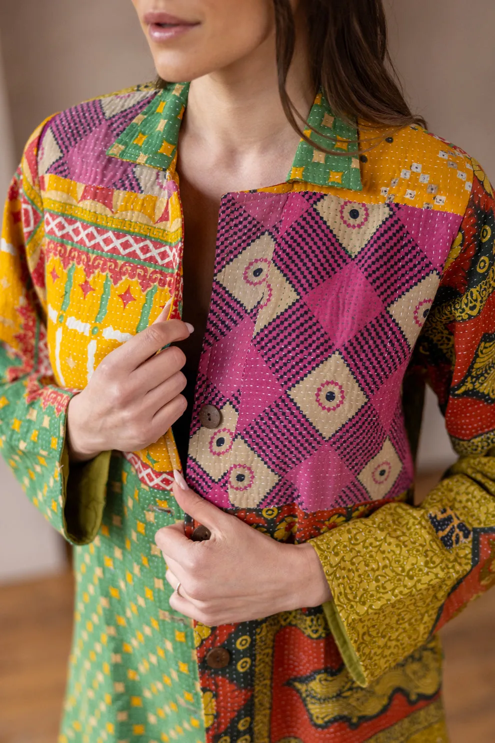 HIRA COAT - Vintage Kantha Coat - Green & Yellow - M