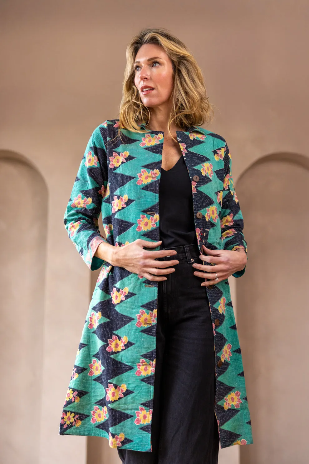 HIRA COAT - Vintage Kantha Coat - Seafoam - S