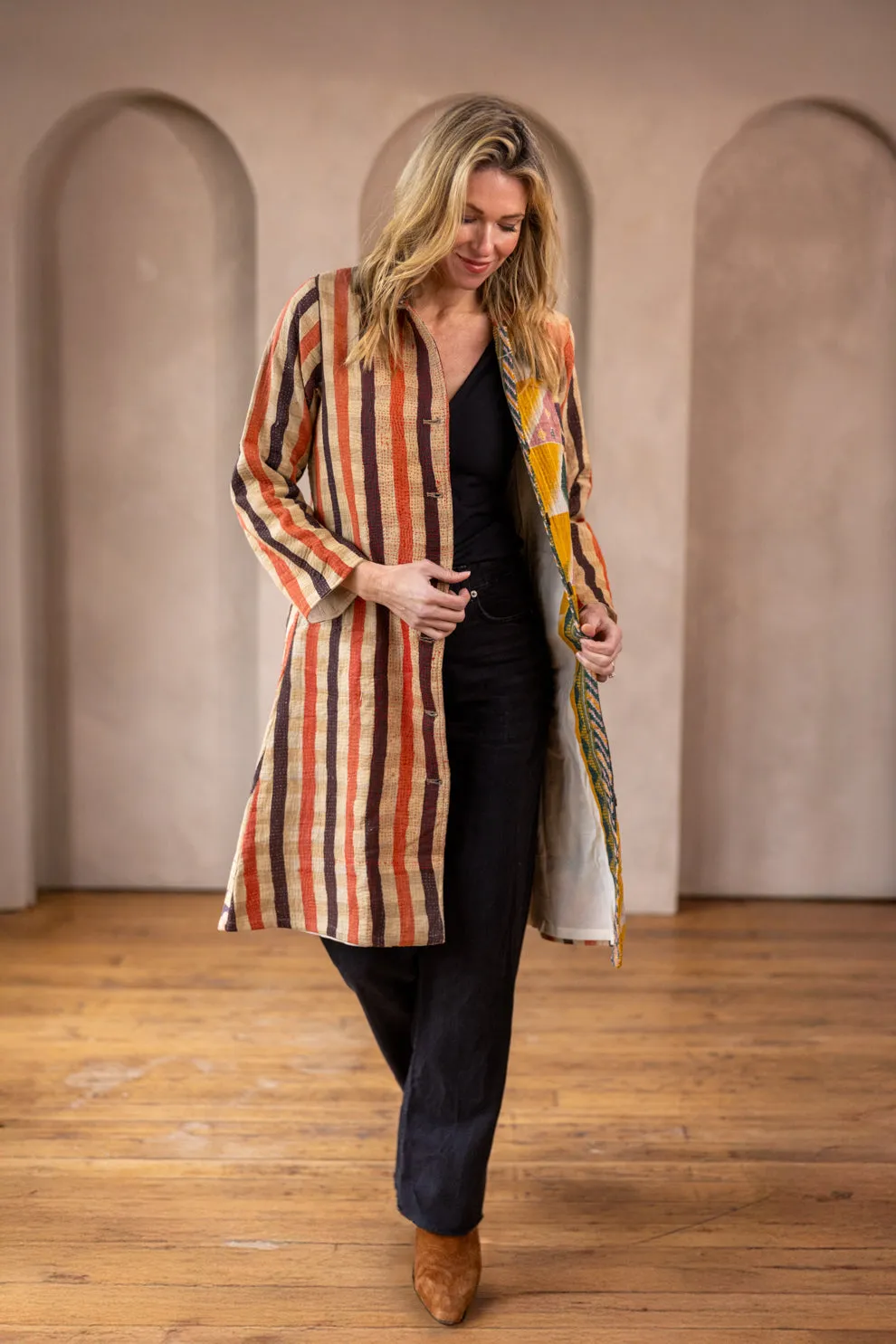 HIRA COAT - Vintage Kantha Coat - Stripes - M