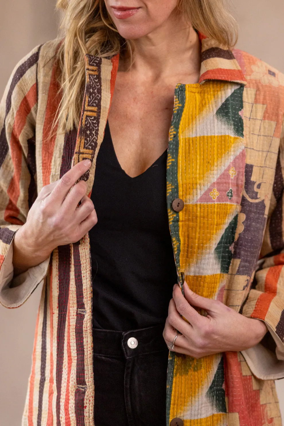 HIRA COAT - Vintage Kantha Coat - Stripes - M