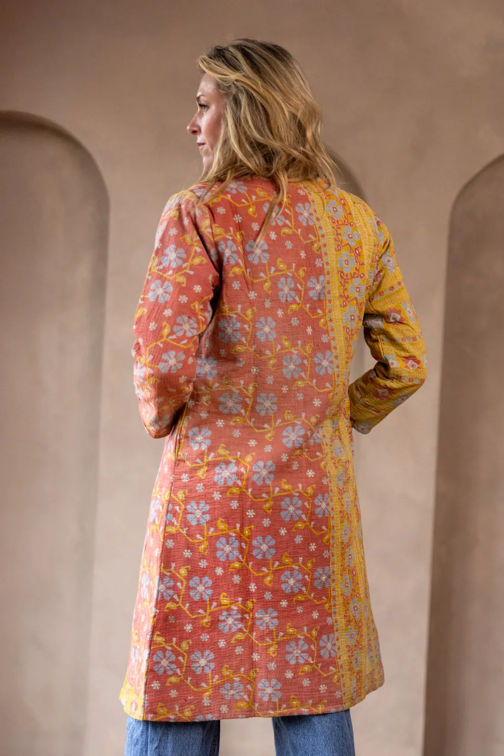 HIRA COAT - Vintage Kantha Coat - Yellow & Pink  - S