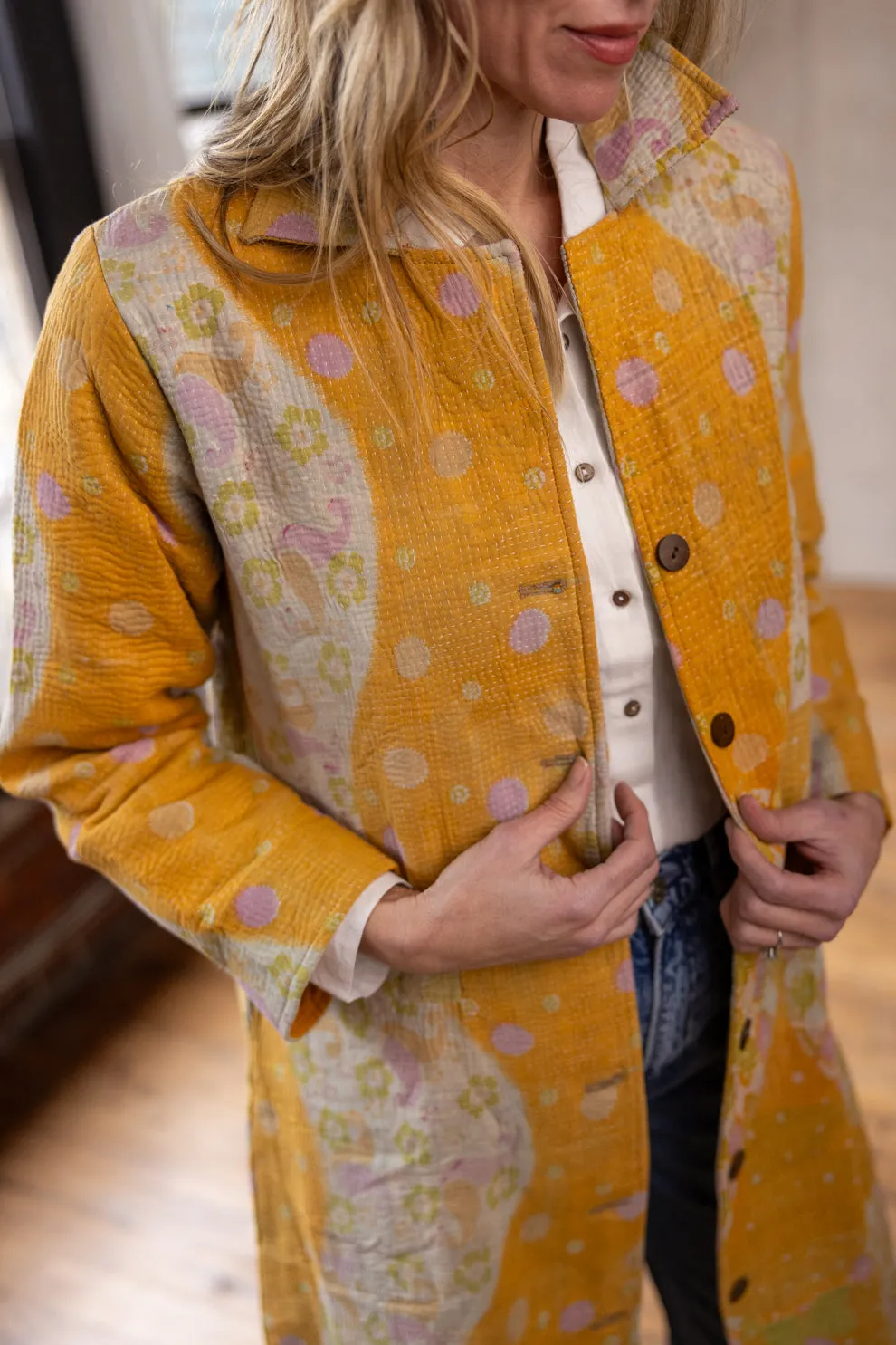 HIRA COAT - Vintage Kantha Coat - Yellow - L