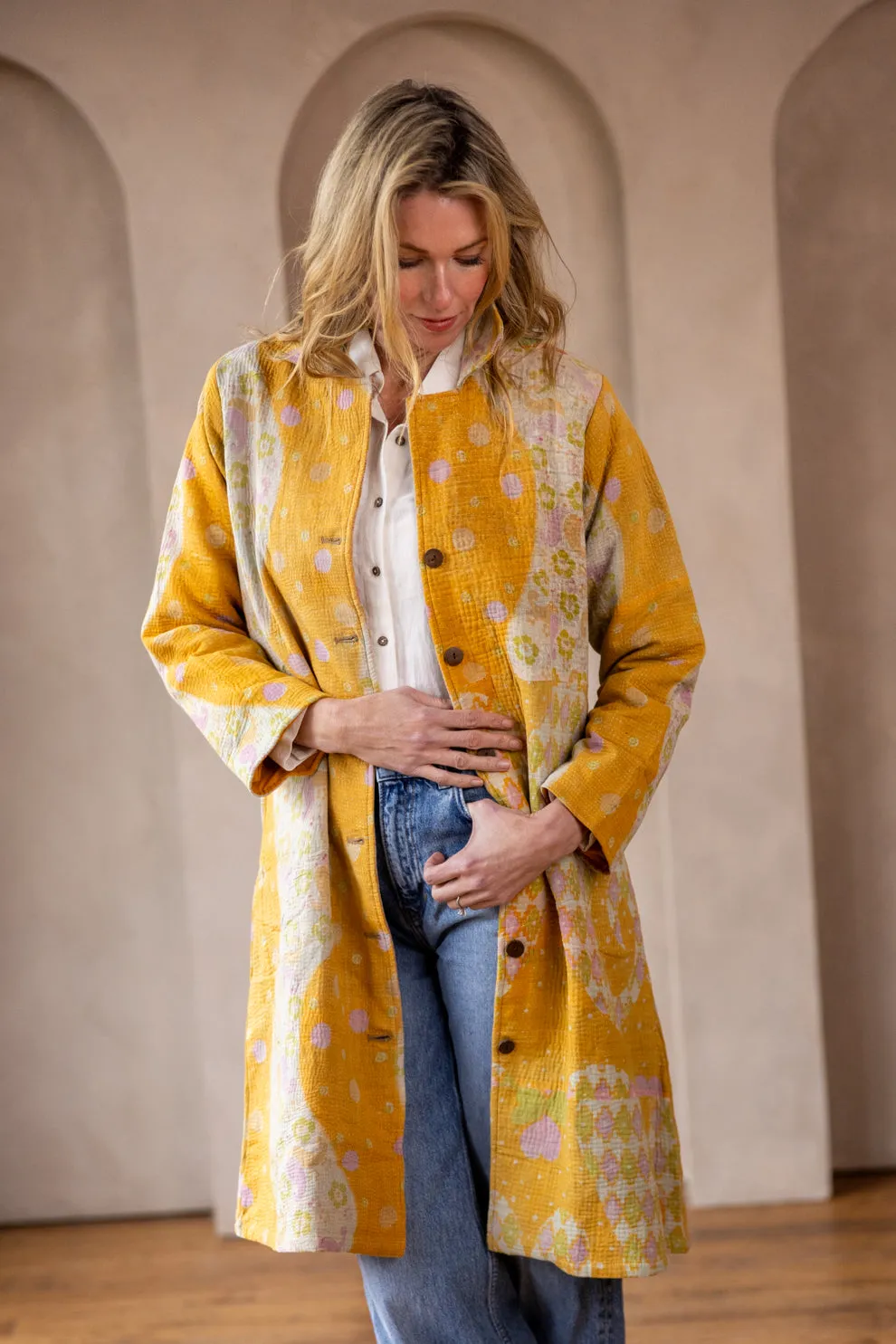 HIRA COAT - Vintage Kantha Coat - Yellow - L