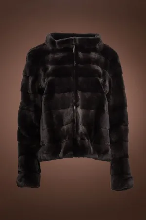 Horizontal Zip-Up Black Plucked Mink Fur Jacket
