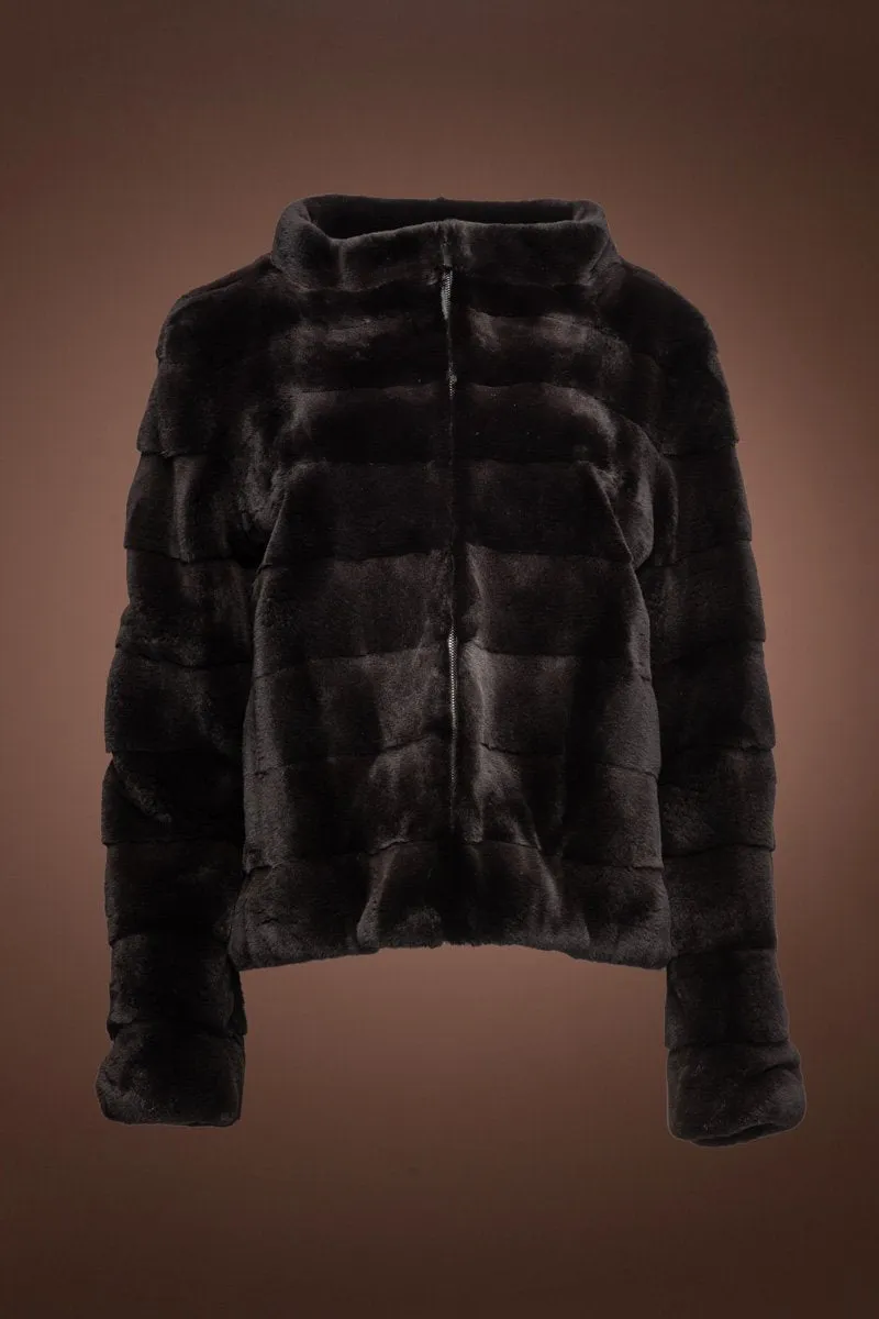 Horizontal Zip-Up Black Plucked Mink Fur Jacket