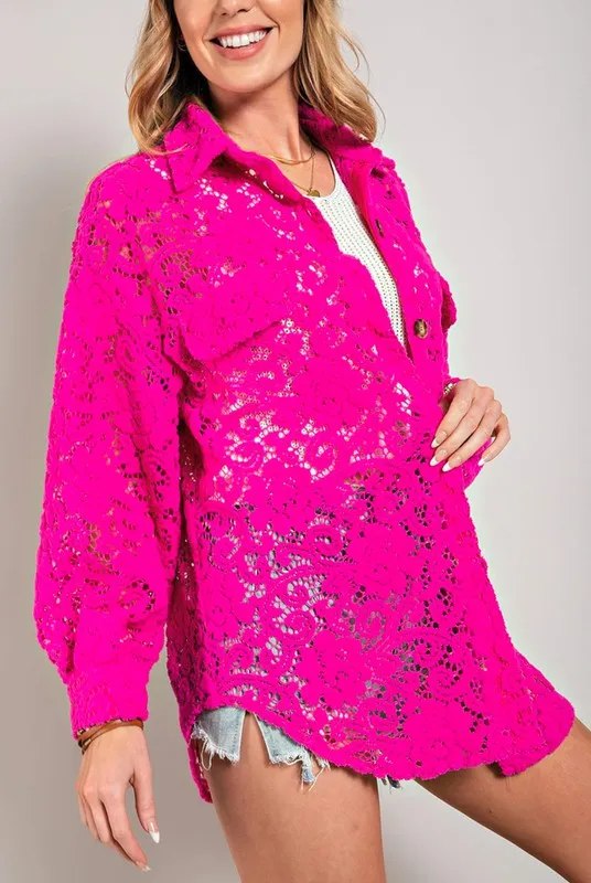 Hot Pink Lace Button Down Shacket
