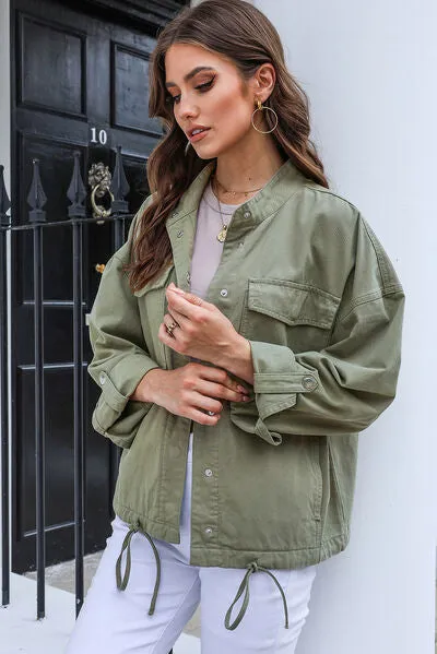 Jenna Drawstring Snap Down Dropped Shoulder Denim Jacket