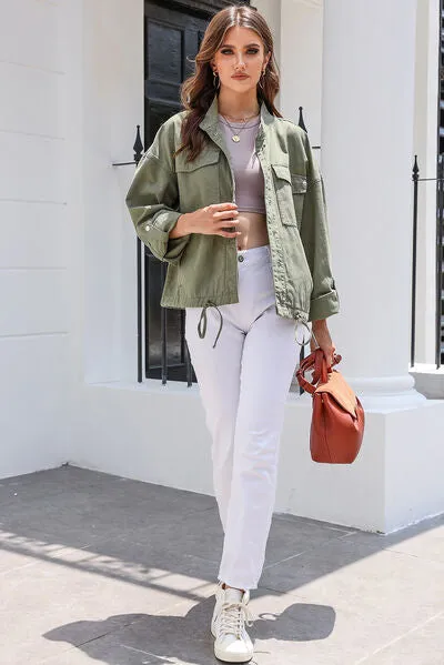Jenna Drawstring Snap Down Dropped Shoulder Denim Jacket