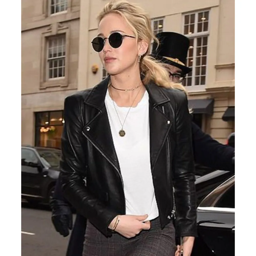 Jennifer Lawrence Black Biker Leather Jacket