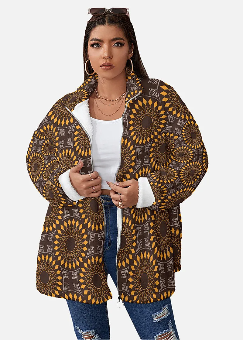 Jumoke African Print Borg Fleece Stand-up Collar Coat (Plus Size)