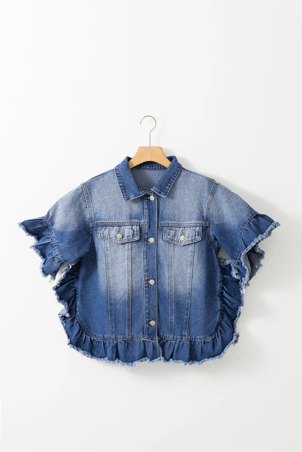 Kelise Ruffled Raw Hem Half Sleeve Denim Top