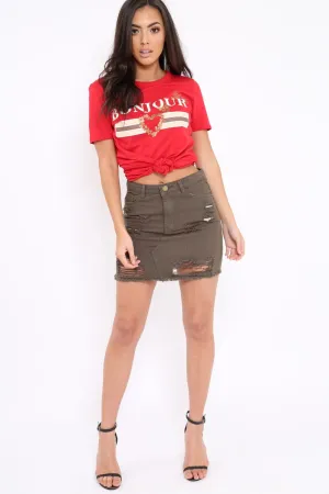 Khaki Denim Rip Mini Skirt - Selenia