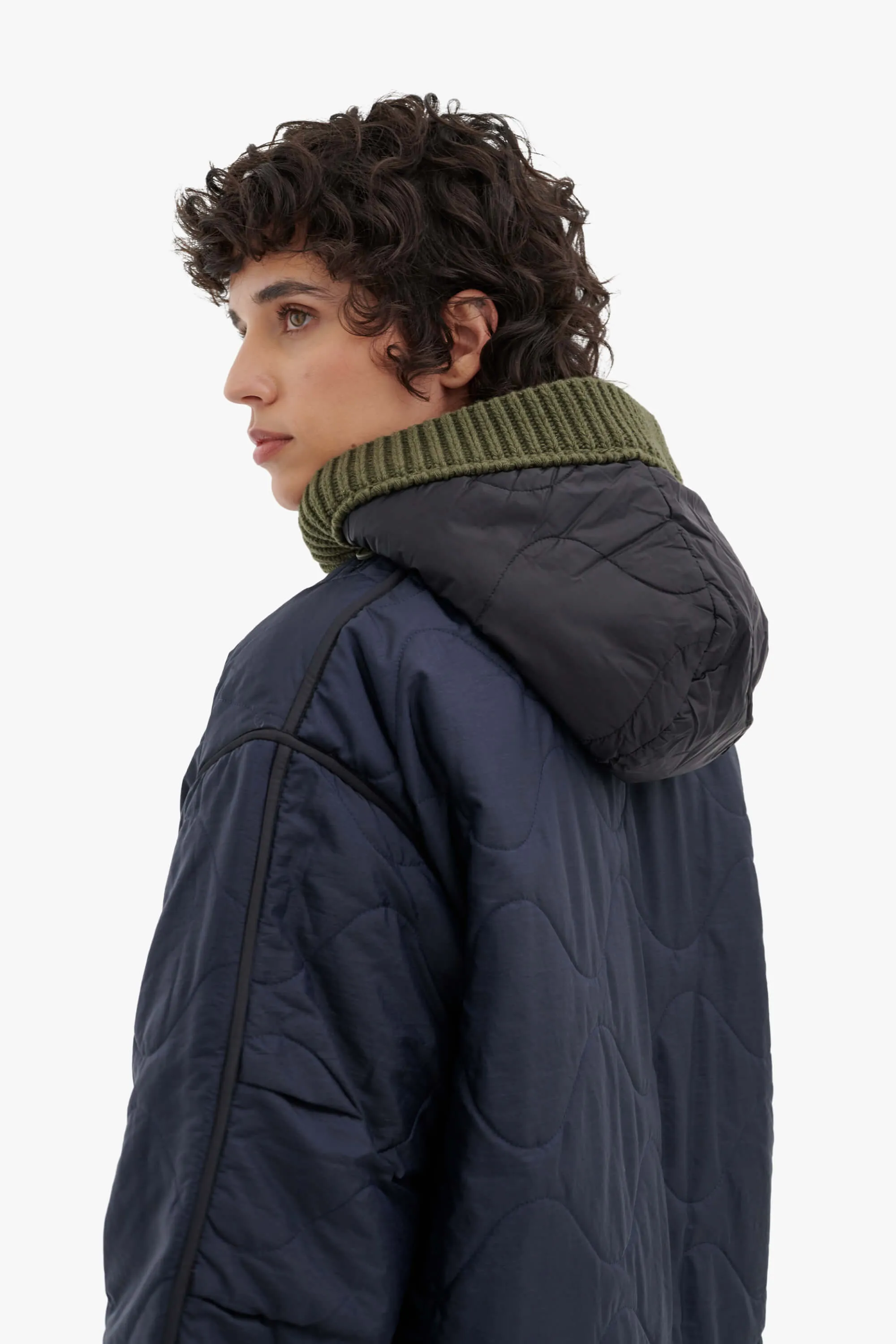 Knit Quilt Hood - Dark Olive / Black