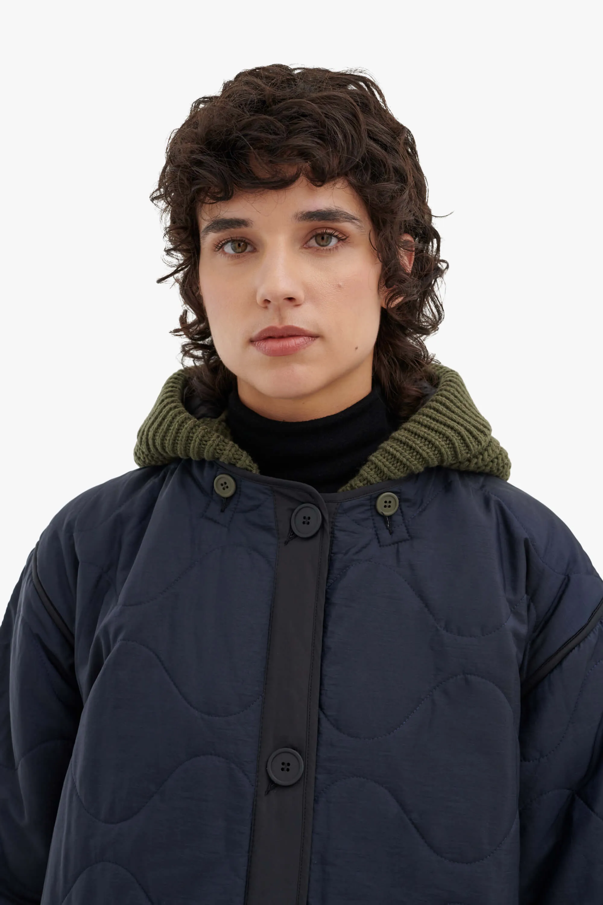 Knit Quilt Hood - Dark Olive / Black