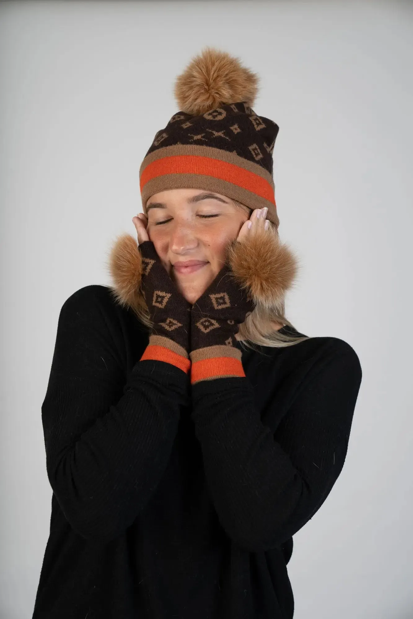 Knitted Scarf W/Monogram/Poms