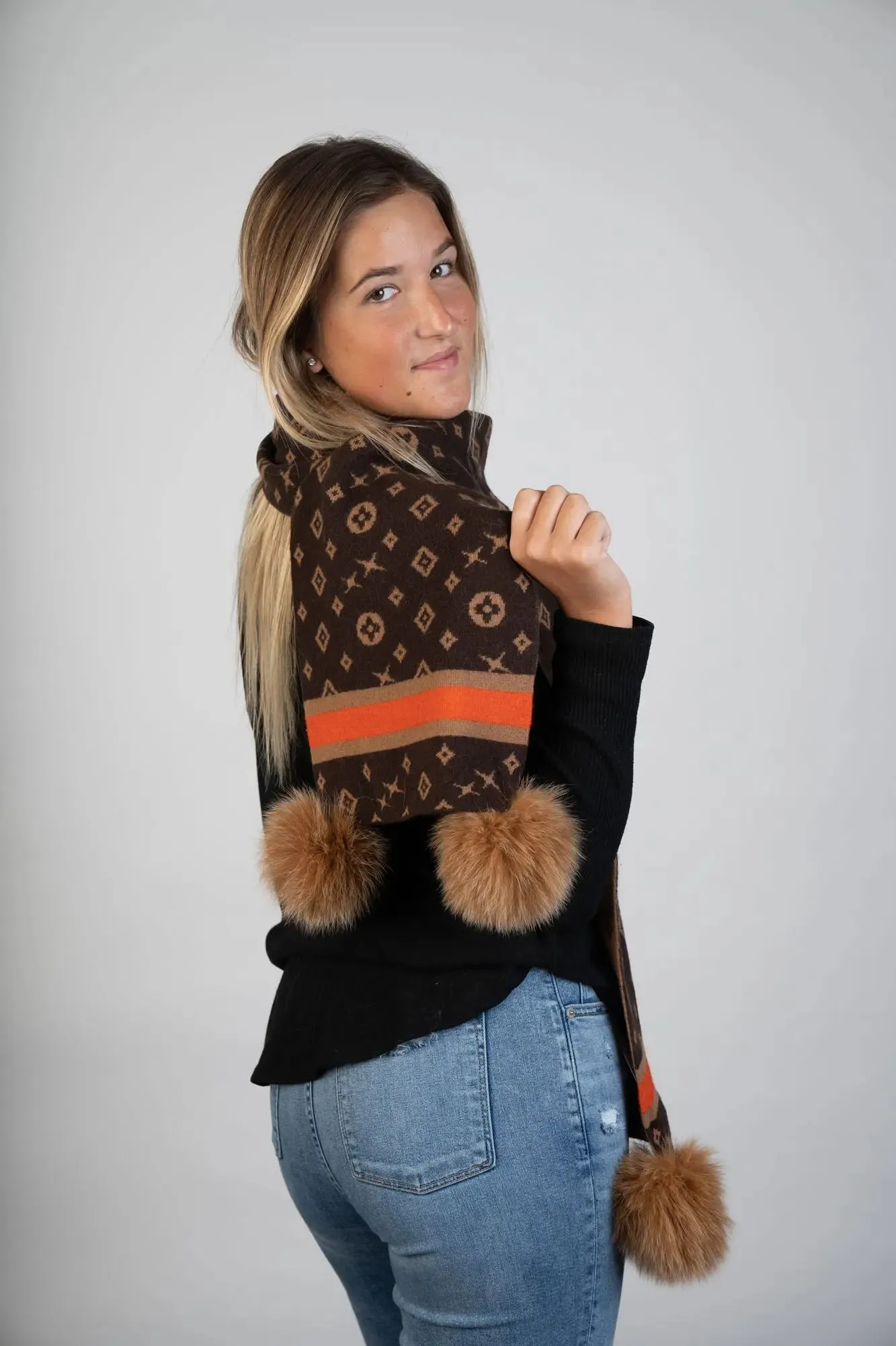 Knitted Scarf W/Monogram/Poms