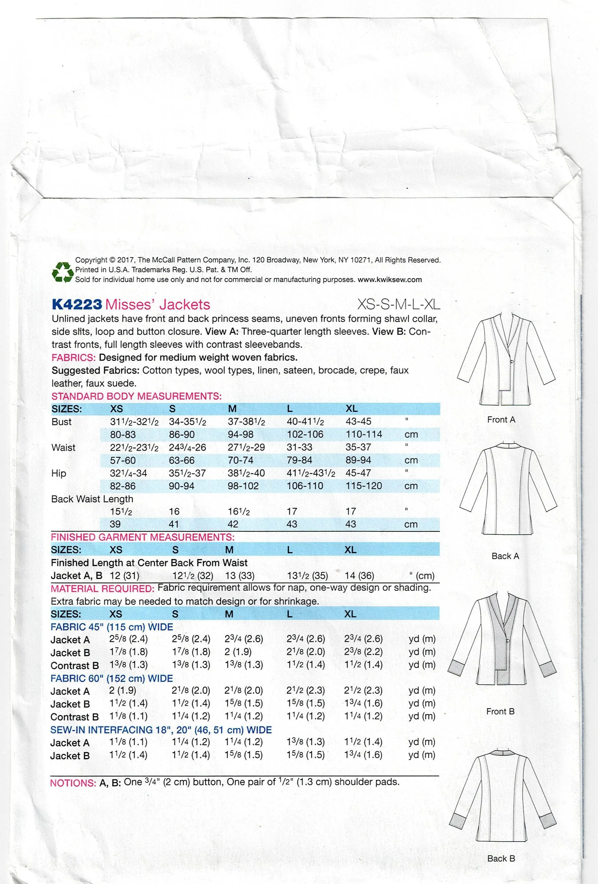 Kwik Sew 4223 Womens Asymmetric Trimmed Jackets Out Of Print Sewing Pattern Size XS - XL UNCUT Factory Folded