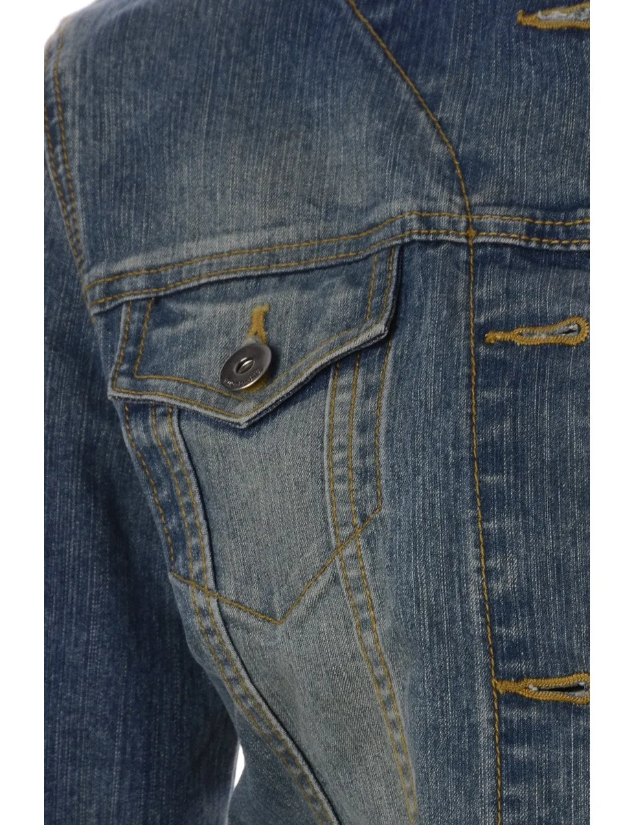 Label Faded Wash Collarless Denim Jacket