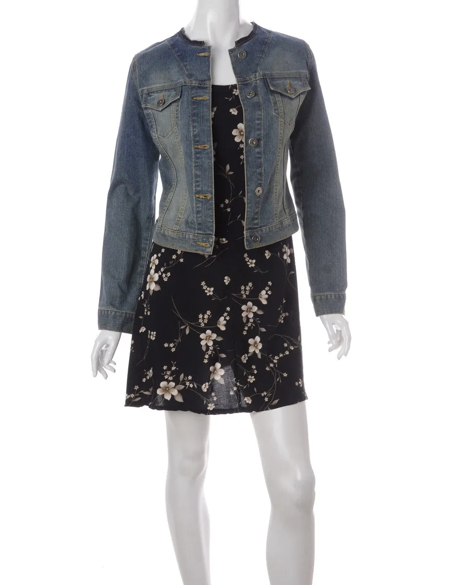 Label Faded Wash Collarless Denim Jacket