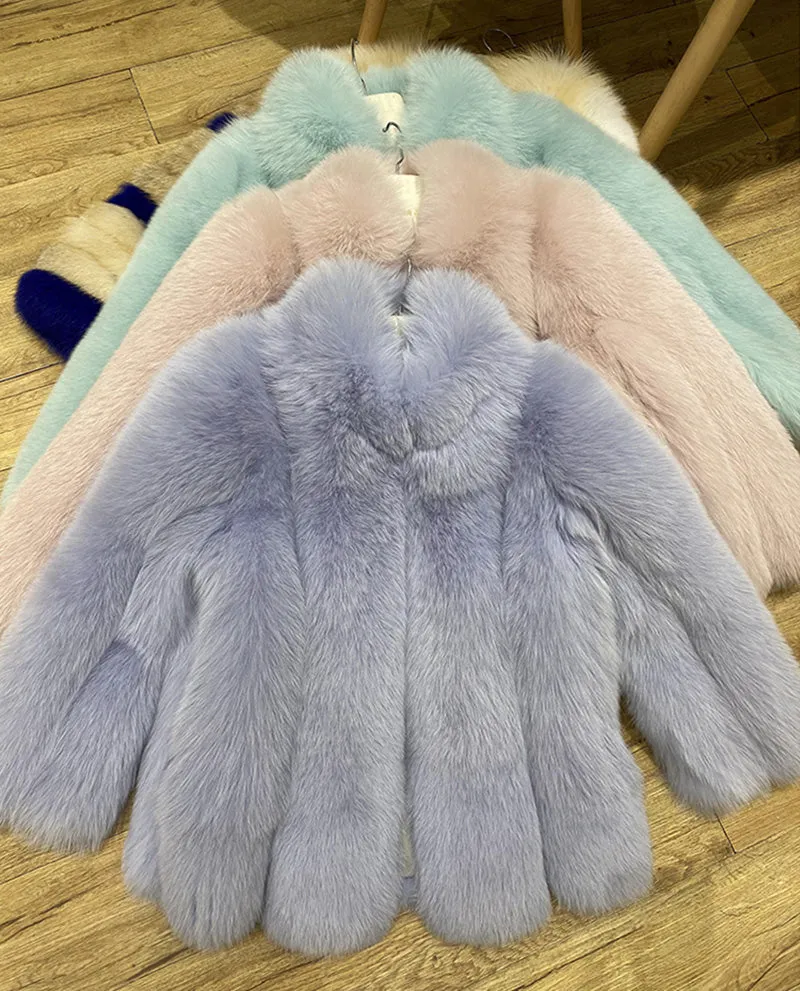 Ladies Fox Fur Coat 2022 New Long Sleeve Stand Collar Fluffy Fur Luxury Overcoat Mid Length Warm Winter 4918