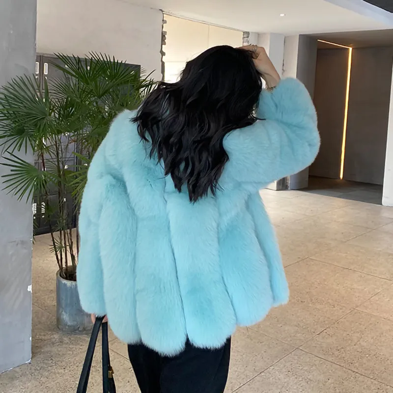 Ladies Fox Fur Coat 2022 New Long Sleeve Stand Collar Fluffy Fur Luxury Overcoat Mid Length Warm Winter 4918