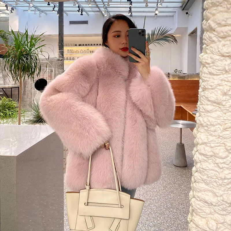 Ladies Fox Fur Coat 2022 New Long Sleeve Stand Collar Fluffy Fur Luxury Overcoat Mid Length Warm Winter 4918