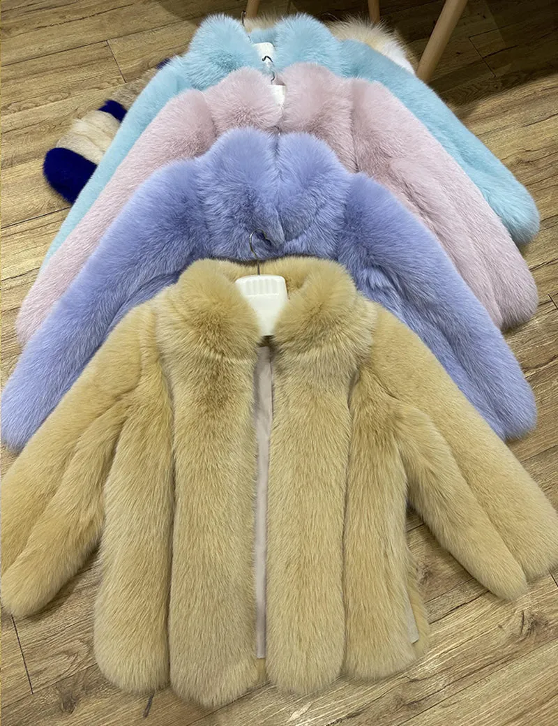 Ladies Fox Fur Coat 2022 New Long Sleeve Stand Collar Fluffy Fur Luxury Overcoat Mid Length Warm Winter 4918