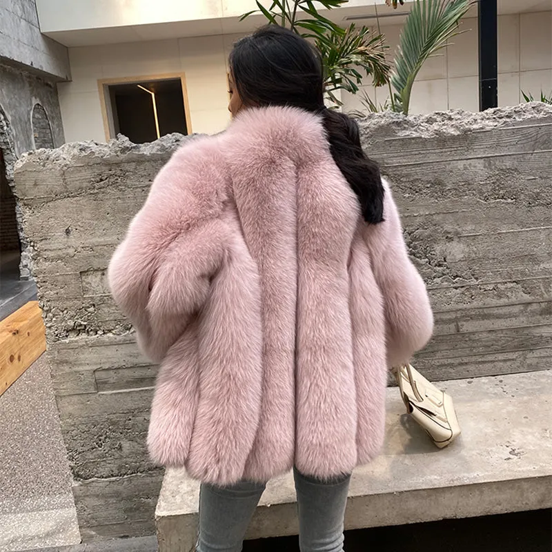 Ladies Fox Fur Coat 2022 New Long Sleeve Stand Collar Fluffy Fur Luxury Overcoat Mid Length Warm Winter 4918