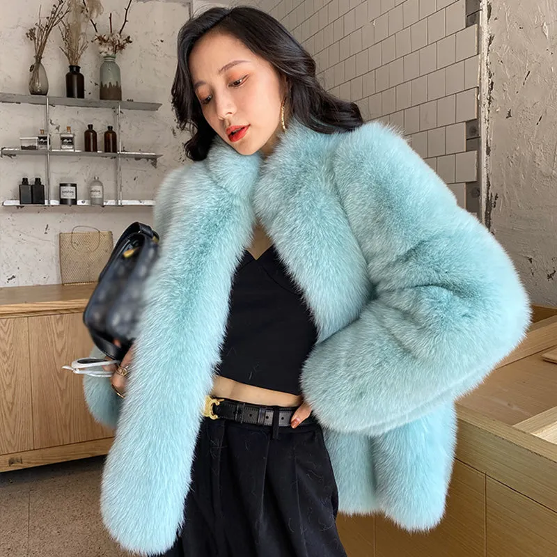 Ladies Fox Fur Coat 2022 New Long Sleeve Stand Collar Fluffy Fur Luxury Overcoat Mid Length Warm Winter 4918
