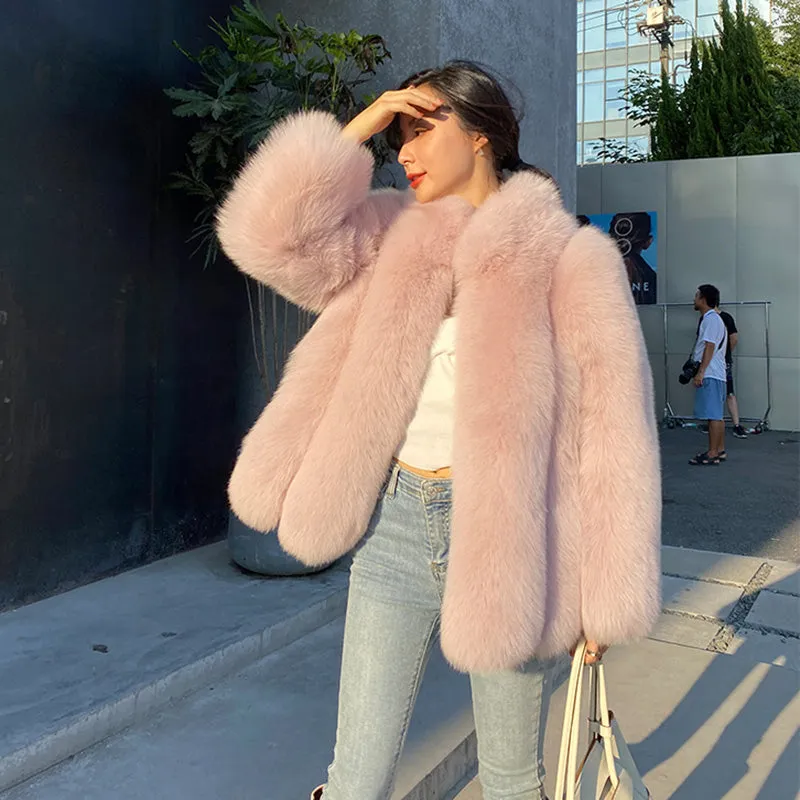 Ladies Fox Fur Coat 2022 New Long Sleeve Stand Collar Fluffy Fur Luxury Overcoat Mid Length Warm Winter 4918