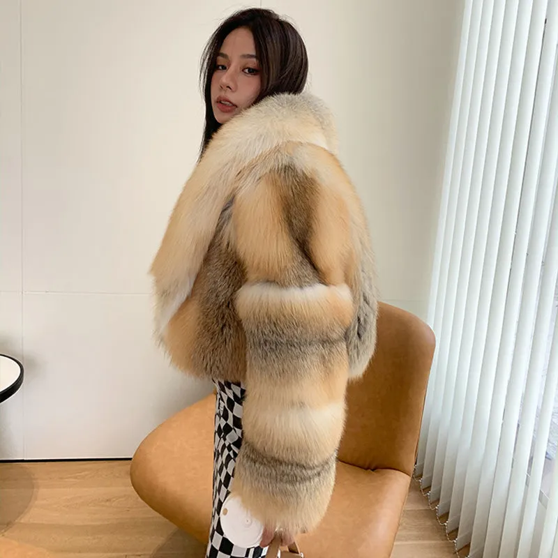 Lady Fox Fur Coat Collared Luxury Long Sleeve Fluffy Overcoat Warm Winter 2022 New 3505