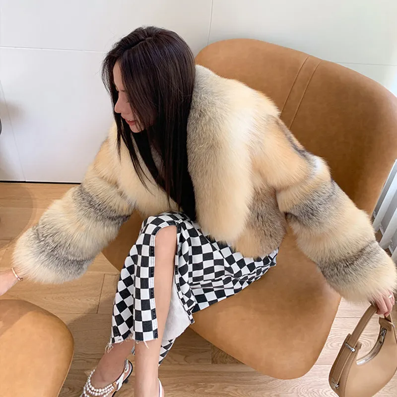 Lady Fox Fur Coat Collared Luxury Long Sleeve Fluffy Overcoat Warm Winter 2022 New 3505