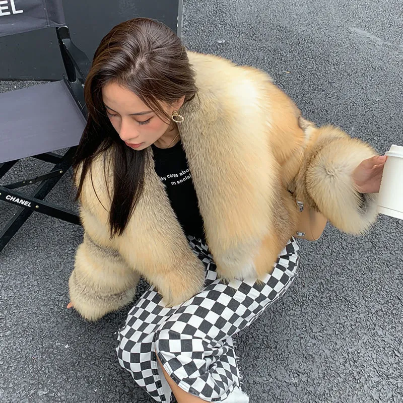 Lady Fox Fur Coat Collared Luxury Long Sleeve Fluffy Overcoat Warm Winter 2022 New 3505