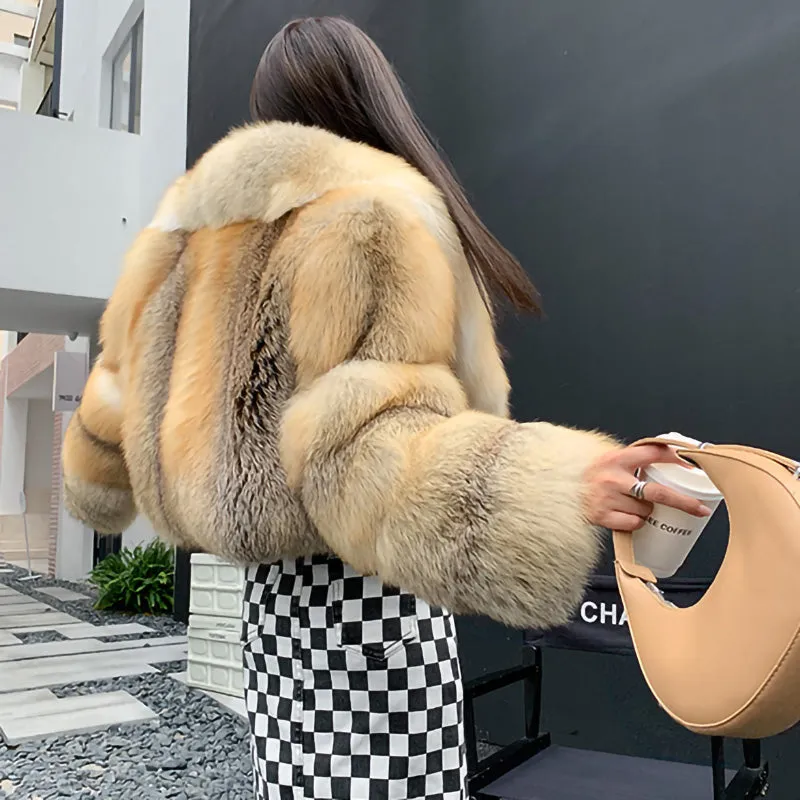 Lady Fox Fur Coat Collared Luxury Long Sleeve Fluffy Overcoat Warm Winter 2022 New 3505