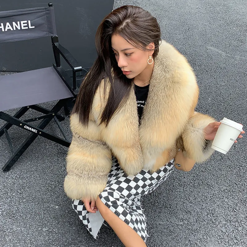 Lady Fox Fur Coat Collared Luxury Long Sleeve Fluffy Overcoat Warm Winter 2022 New 3505