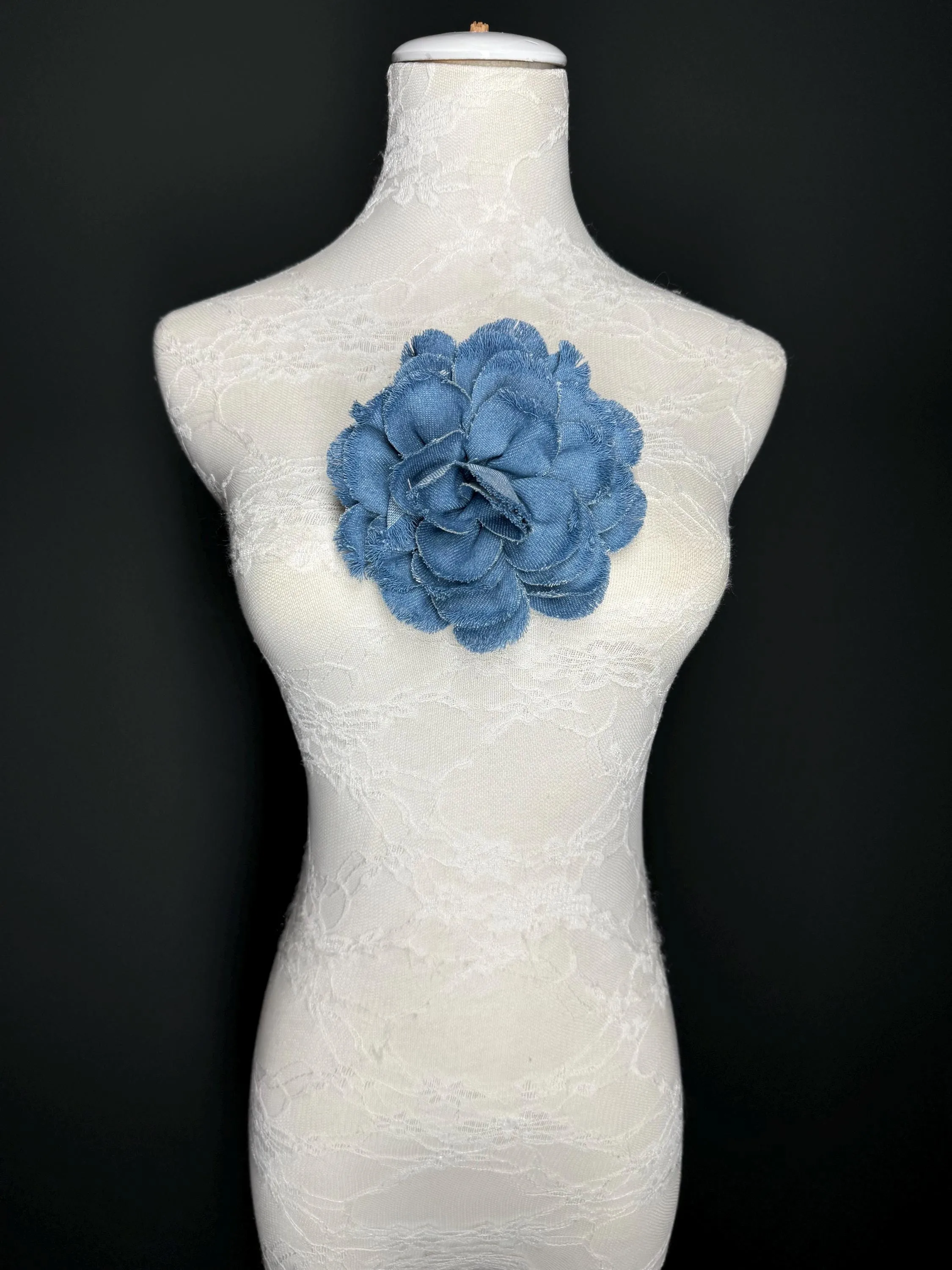 Large Corsage Flower, Layered Denim Fabric, 6” Wide, 15cm 3D Large Pin on Corsage, Clothing, Fashion, Hat, Accessory, Bags, Gift, FAN Design