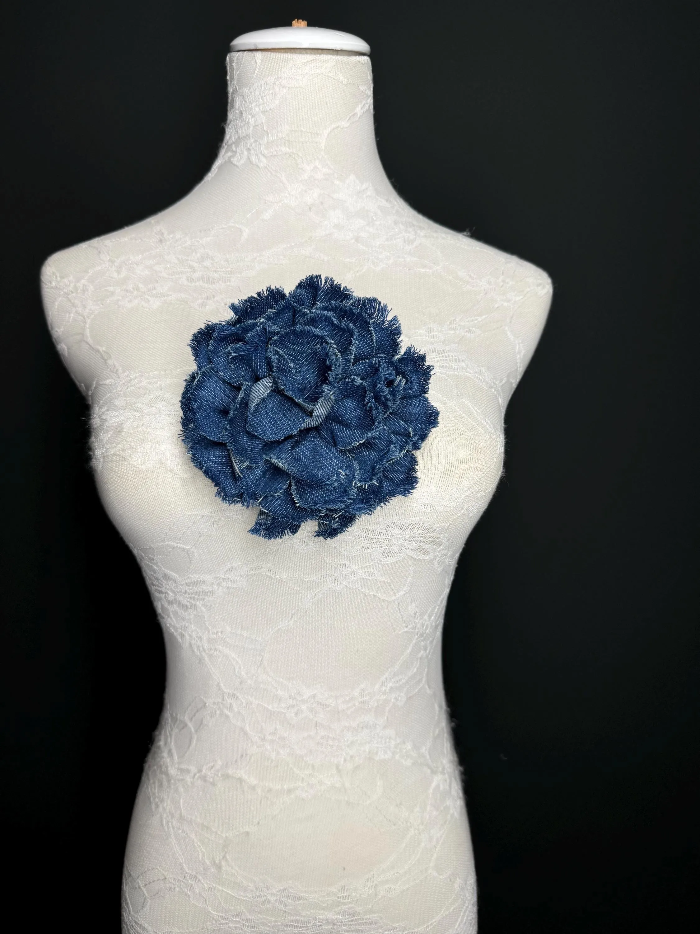 Large Corsage Flower, Layered Denim Fabric, 6” Wide, 15cm 3D Large Pin on Corsage, Clothing, Fashion, Hat, Accessory, Bags, Gift, FAN Design