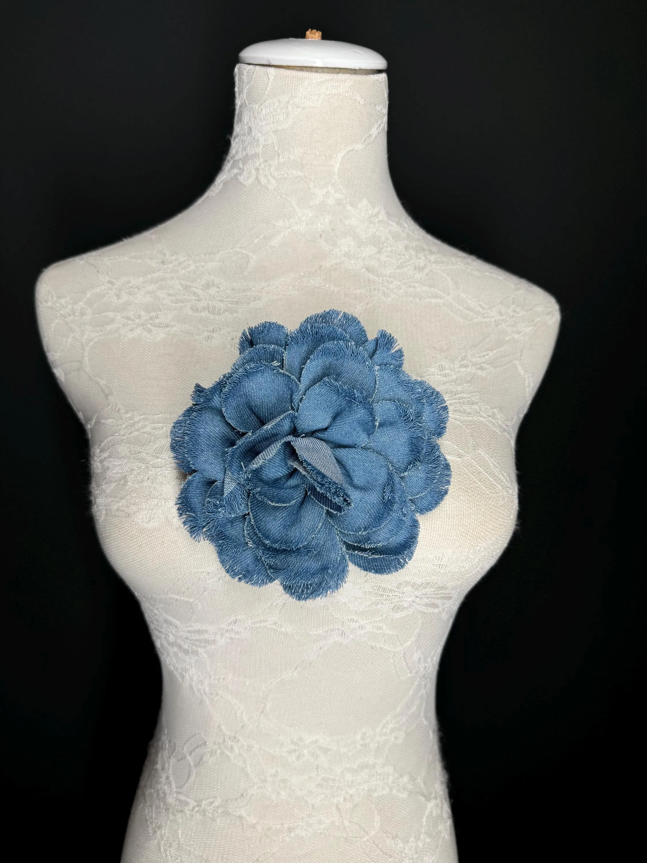 Large Corsage Flower, Layered Denim Fabric, 6” Wide, 15cm 3D Large Pin on Corsage, Clothing, Fashion, Hat, Accessory, Bags, Gift, FAN Design
