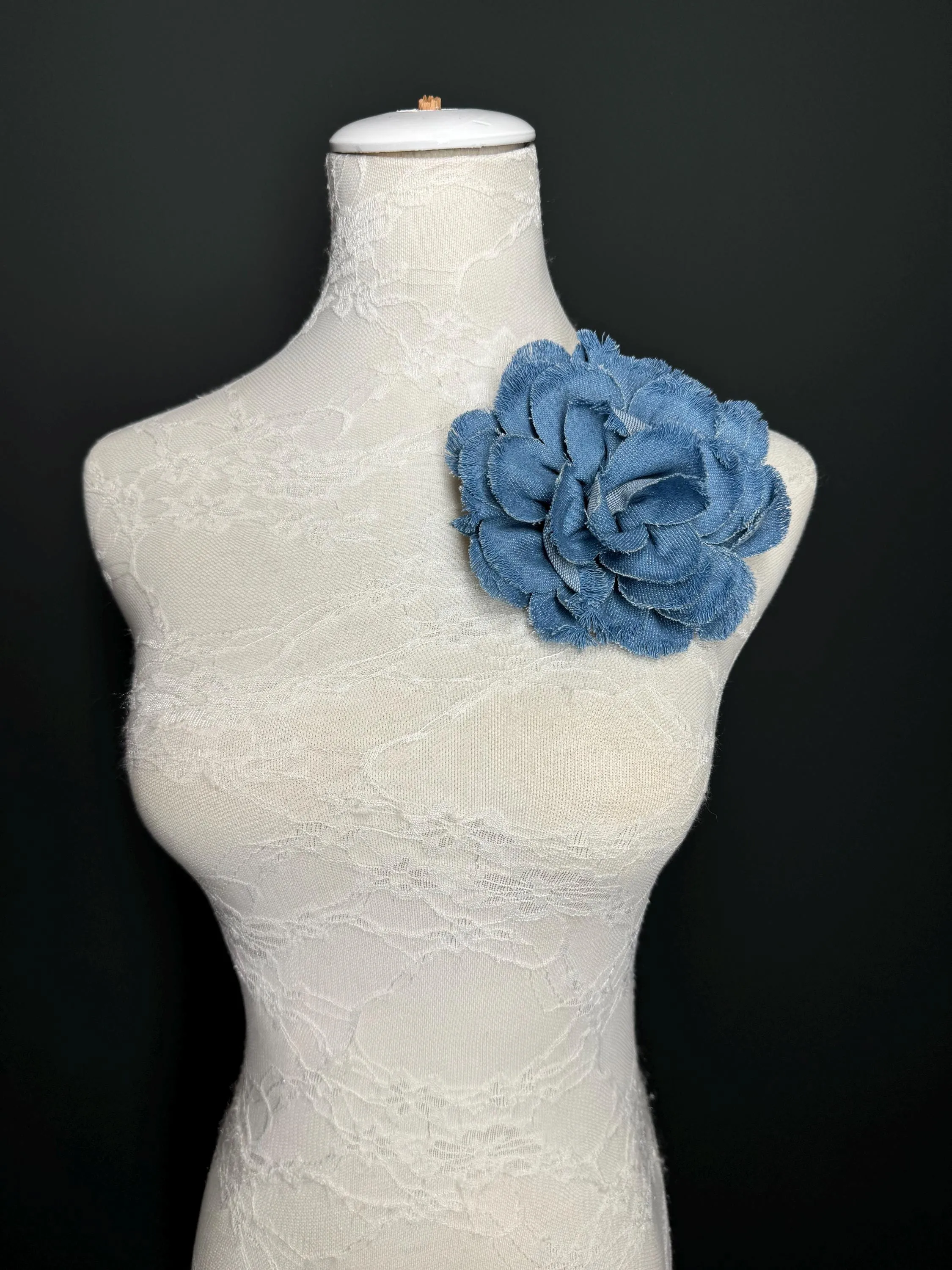 Large Corsage Flower, Layered Denim Fabric, 6” Wide, 15cm 3D Large Pin on Corsage, Clothing, Fashion, Hat, Accessory, Bags, Gift, FAN Design