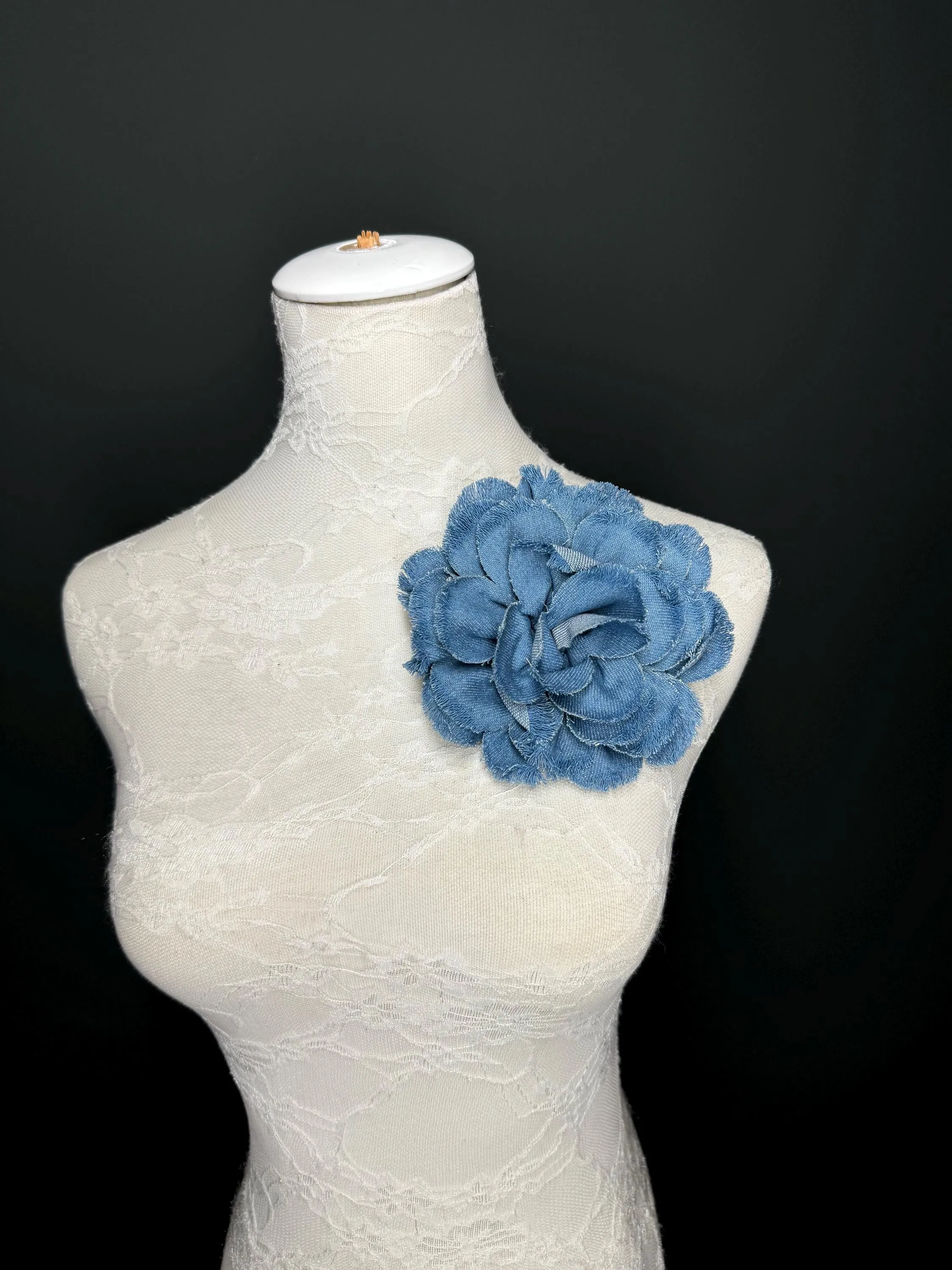 Large Corsage Flower, Layered Denim Fabric, 6” Wide, 15cm 3D Large Pin on Corsage, Clothing, Fashion, Hat, Accessory, Bags, Gift, FAN Design