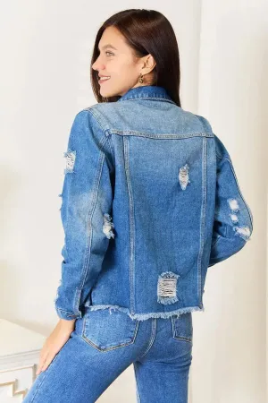 Leopard Floral Denim Jacket - Distressed Raw Hem | Femstylo