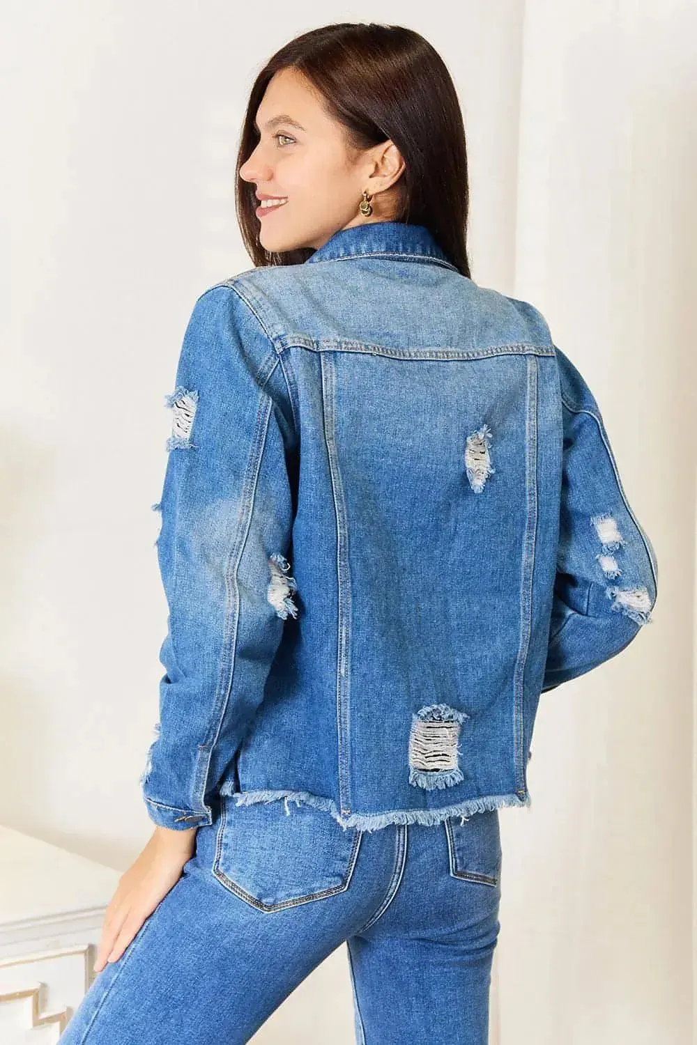 Leopard Floral Denim Jacket - Distressed Raw Hem | Femstylo