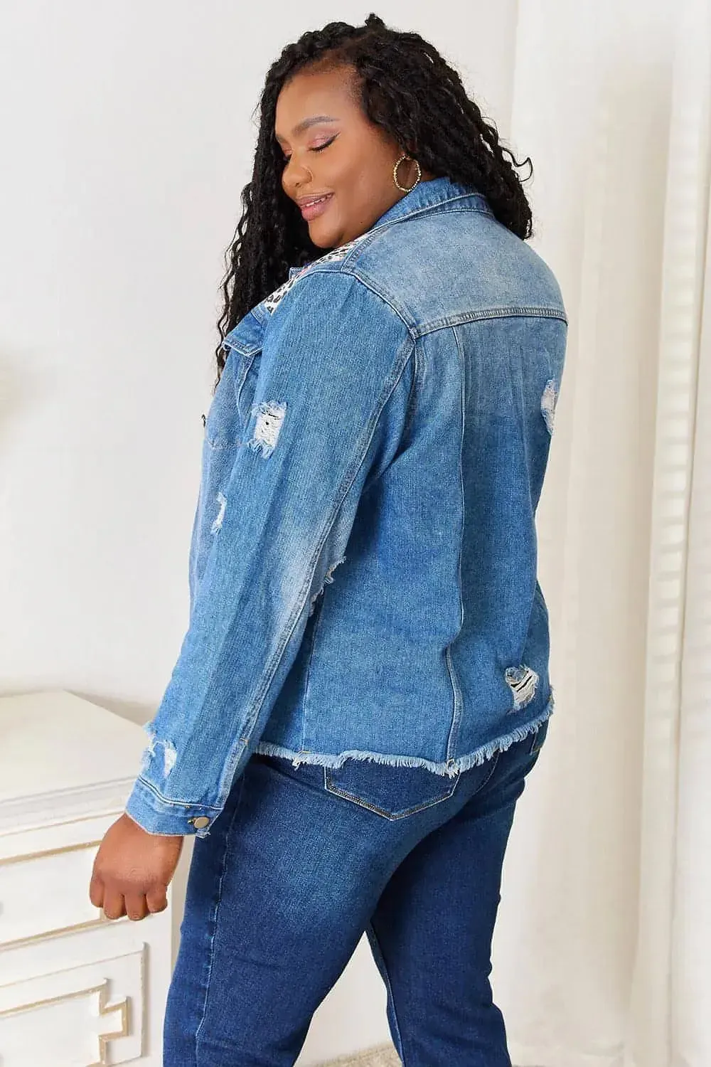 Leopard Floral Denim Jacket - Distressed Raw Hem | Femstylo