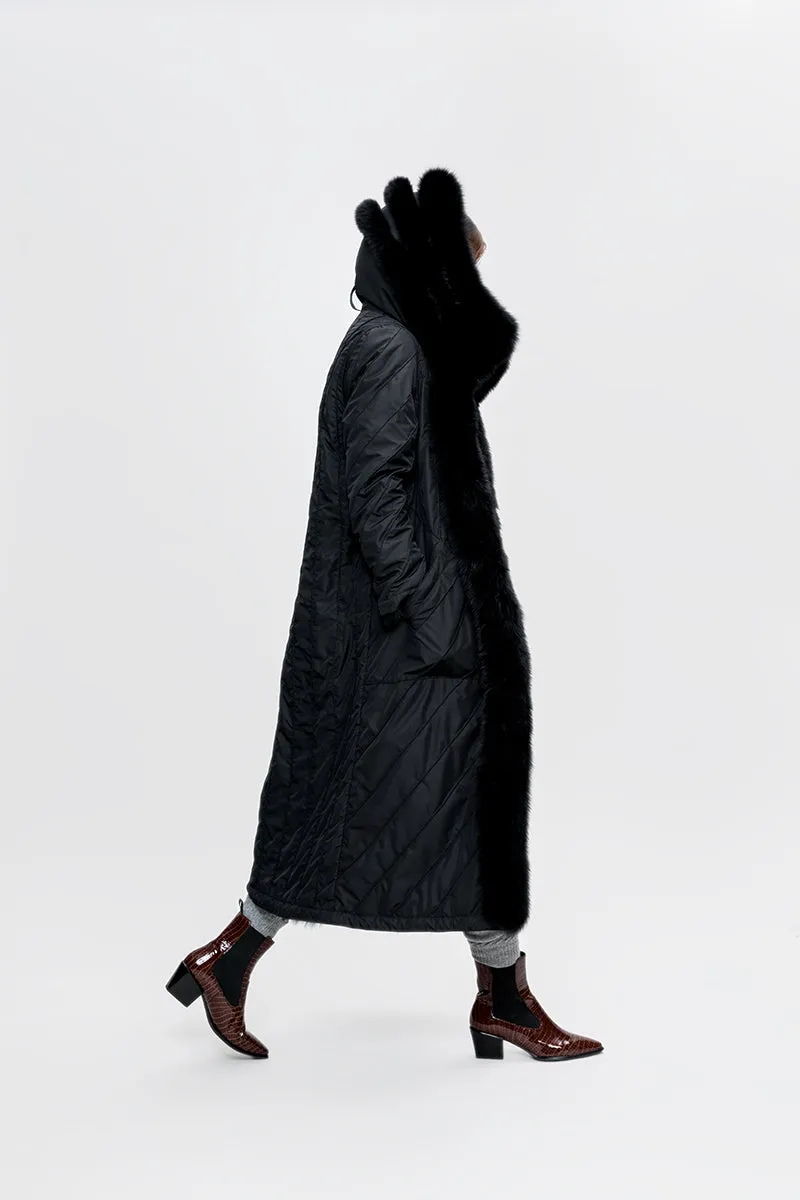 LONG REVERSIBLE FUR COAT WITH LARGE COLLAR