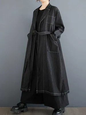Long Sleeves Loose Buckle Pockets Solid Color Split-Joint Notched Collar Outerwear Trench Coats