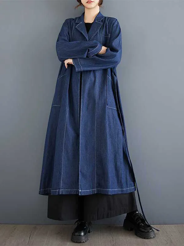 Long Sleeves Loose Buckle Pockets Solid Color Split-Joint Notched Collar Outerwear Trench Coats