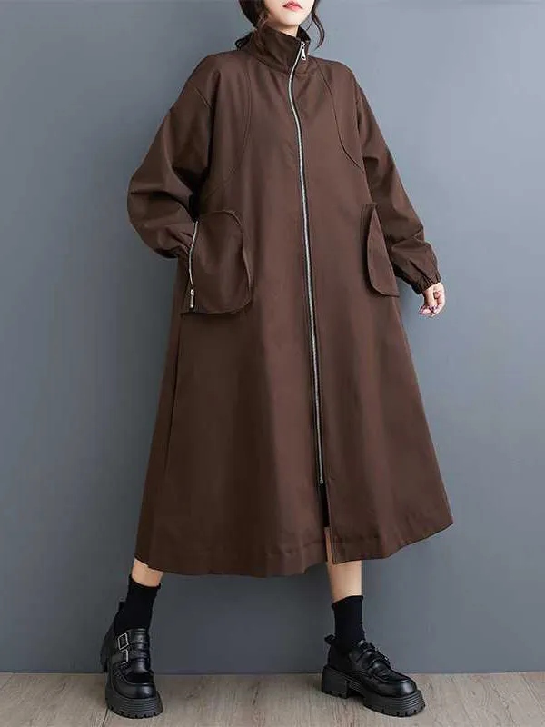 Long Sleeves Loose Elasticity Pockets Split-Joint Zipper High Neck Outerwear Trench Coats