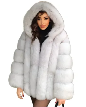 Luxe Hooded Straight Rows Fur Coat