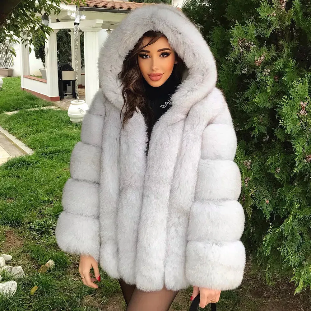 Luxe Hooded Straight Rows Fur Coat